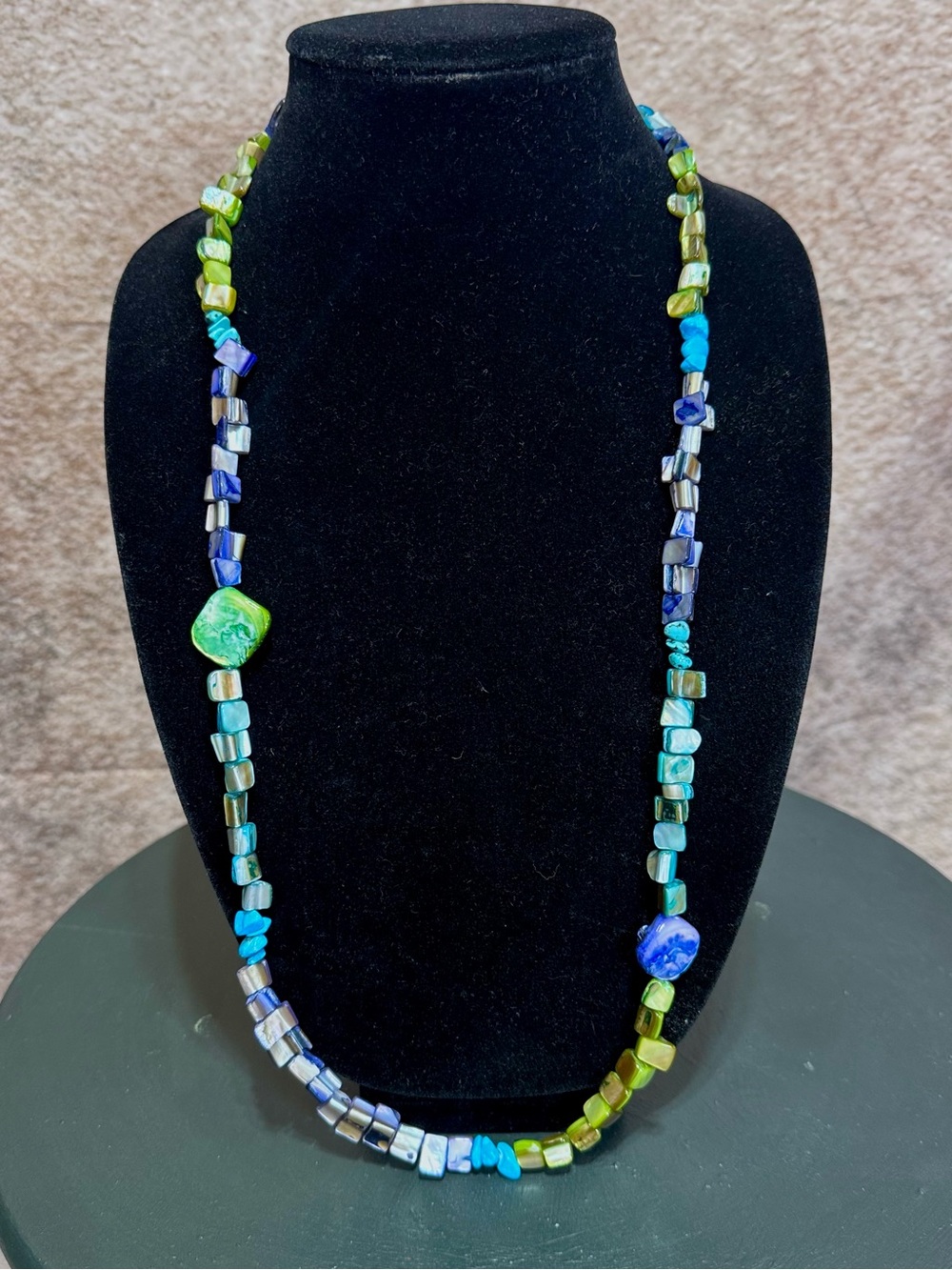 NWOT Handcrafted Multi-Blues, Purples & Greens Glass Bead Necklace